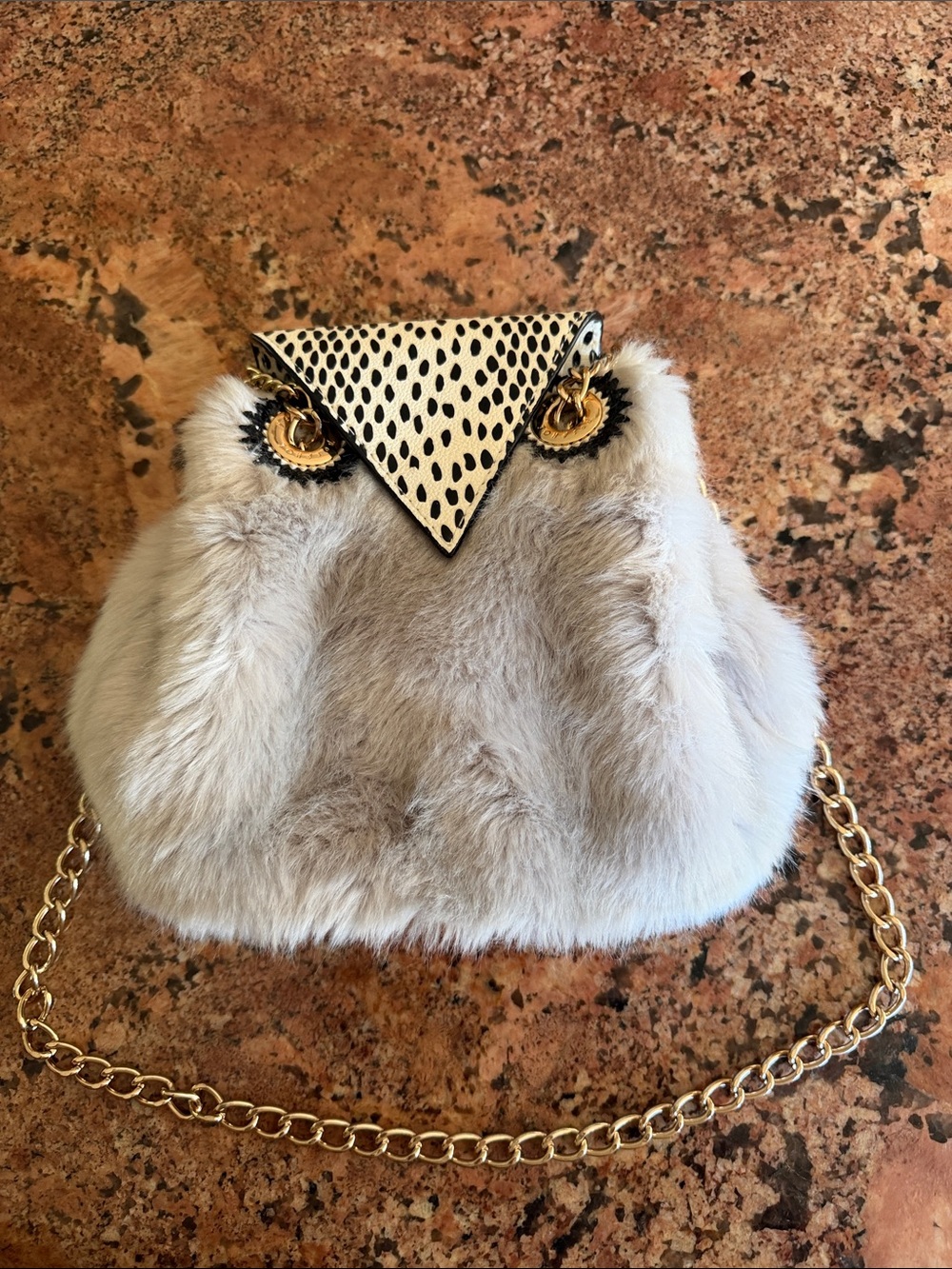 Betsey Johnson Light Gray Faux Fur Mini Bag with Gold Chain & Black-White Accent